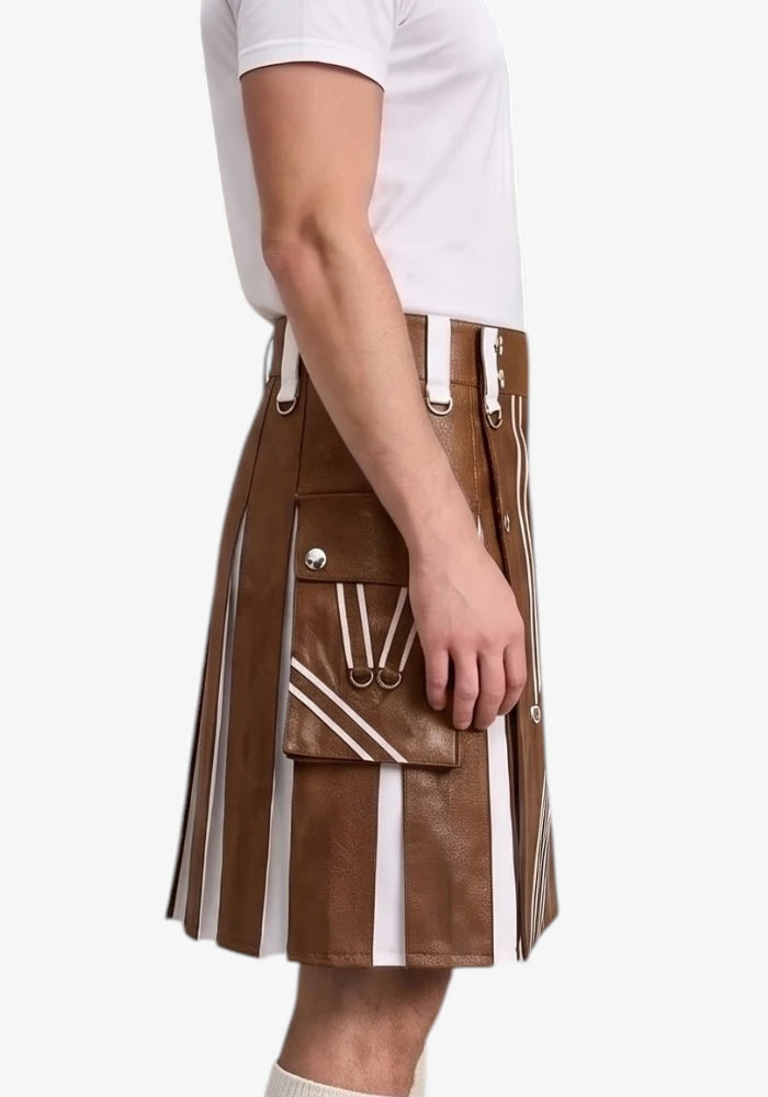 Brown and White Leather Hybrid Utility Kilt right view