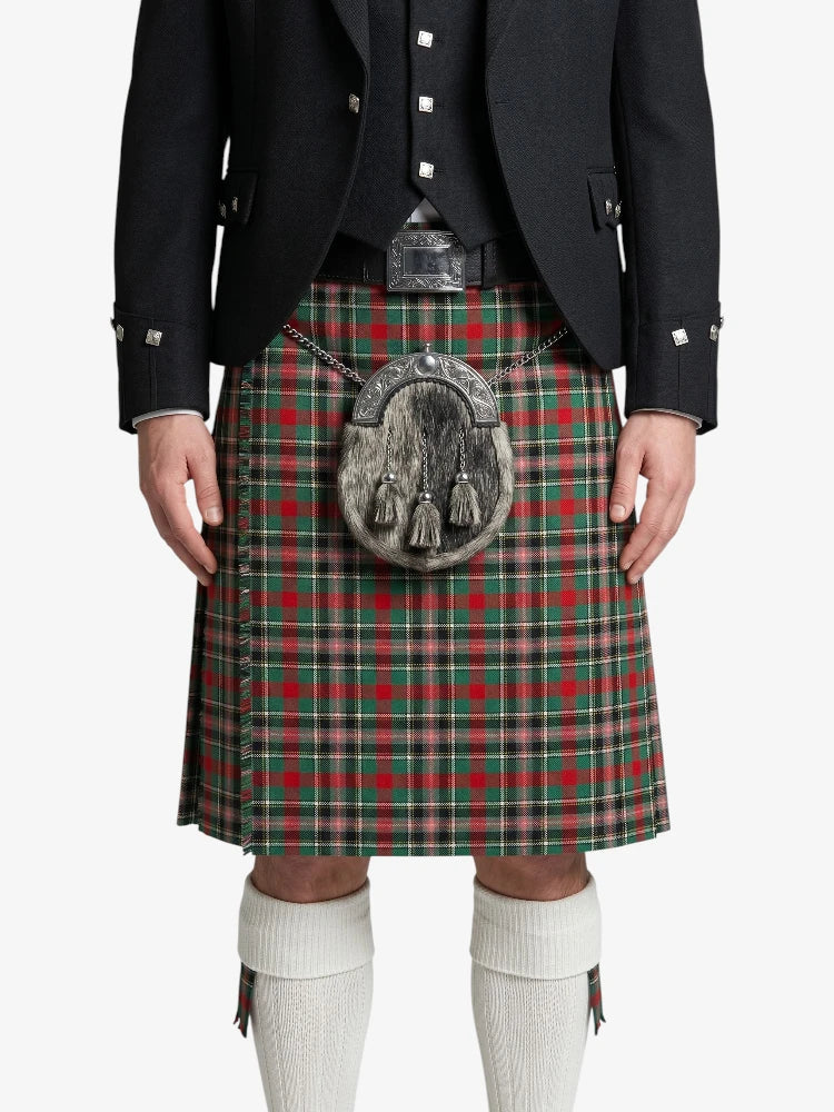 Person wearing a traditional Scottish kilt with a plaid pattern on a white background