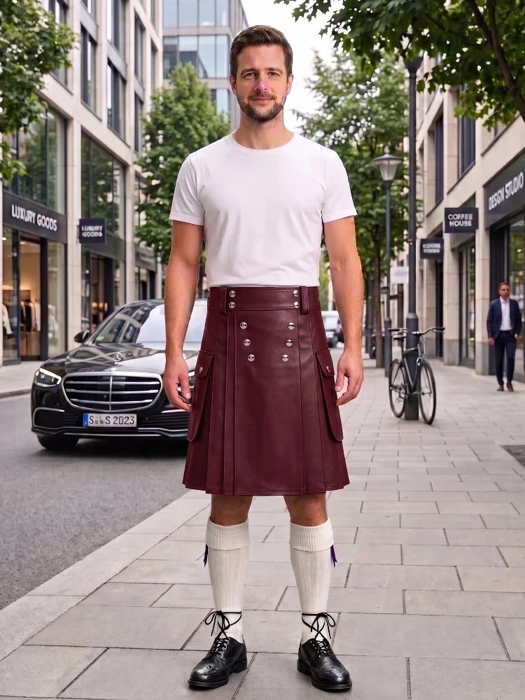 Burgundy Cow Leather Utility Kilts for Men