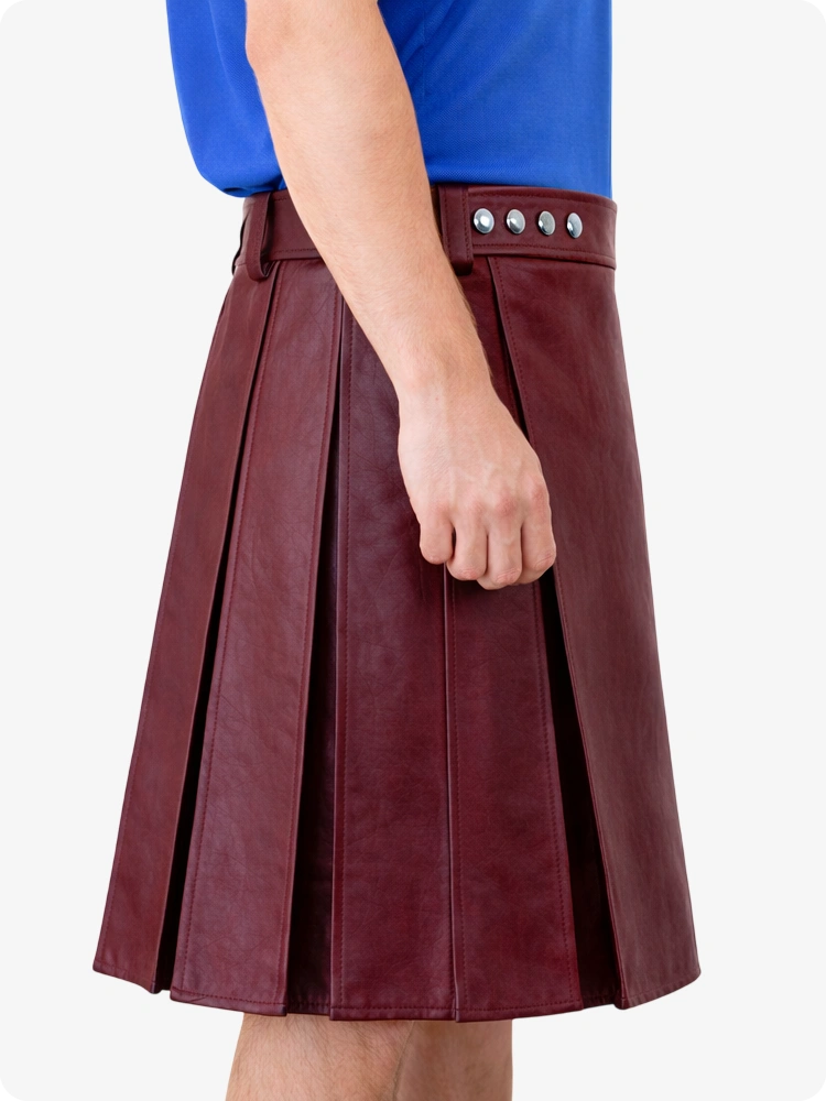 Burgundy Genuine Leather Utility Kilt with Studded Waistband
