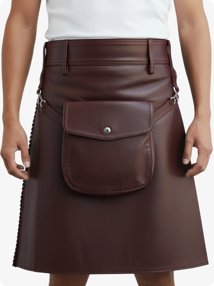 Burgundy Leather Pleated Kilt with Belt Loops & Side Straps