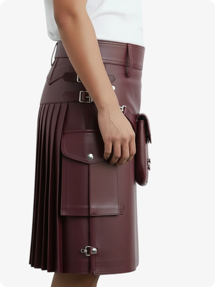 Burgundy Leather Pleated Kilt with Belt Loops & Side Straps