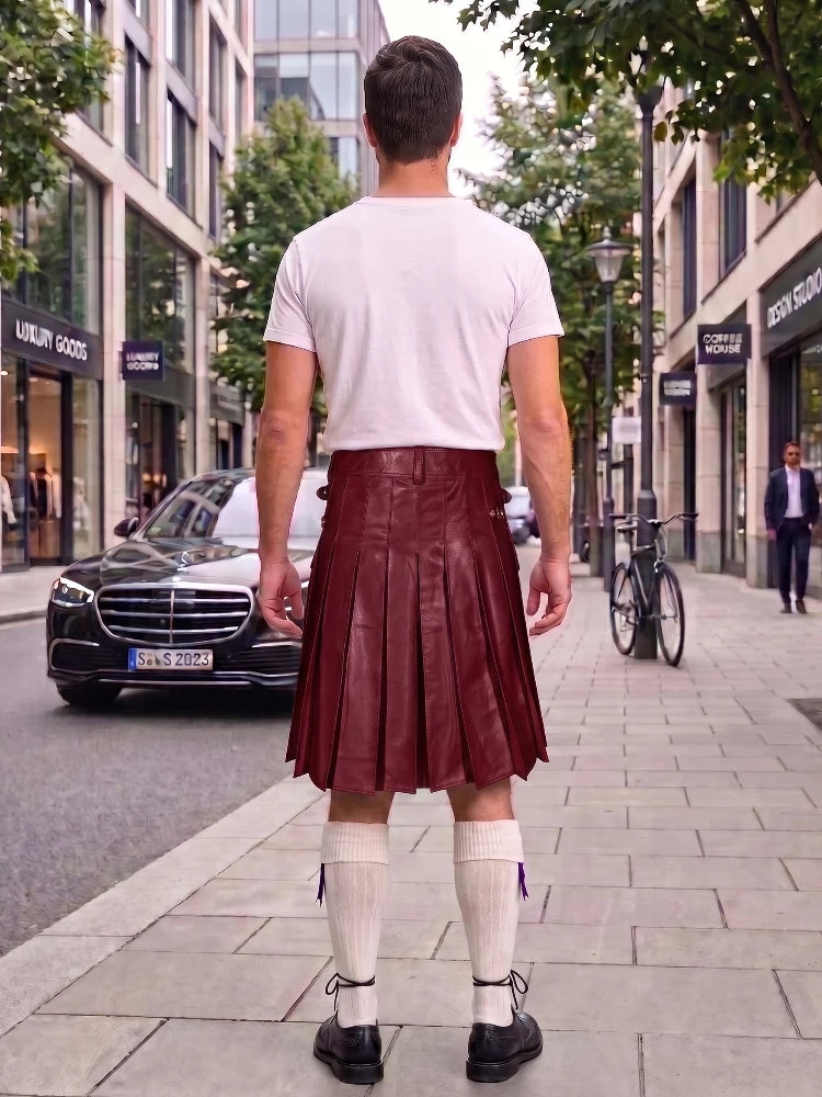 Burgundy Leather Utility Kilt with Sporran