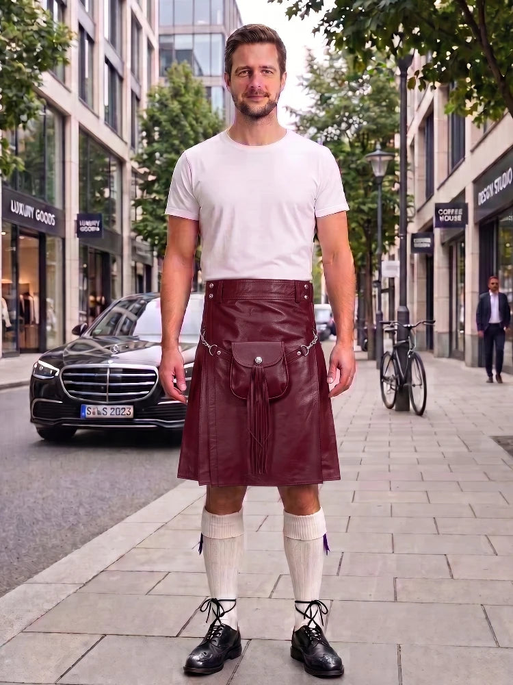 Burgundy Leather Utility Kilt with Sporran