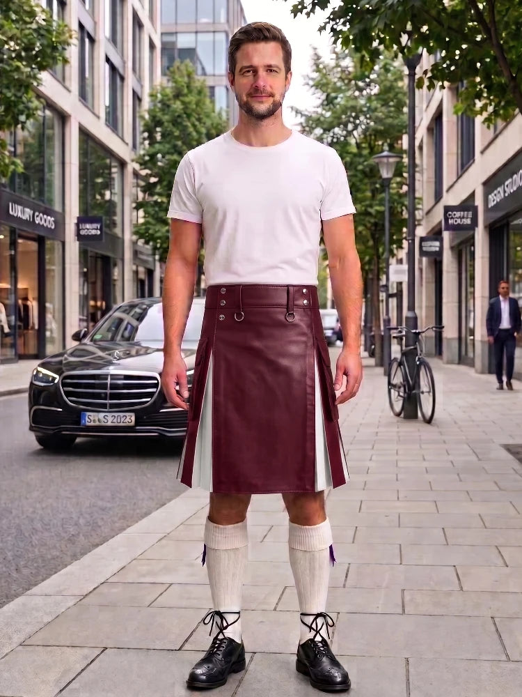 Burgundy With White Cowhide Leather Hybrid Utility Kilt
