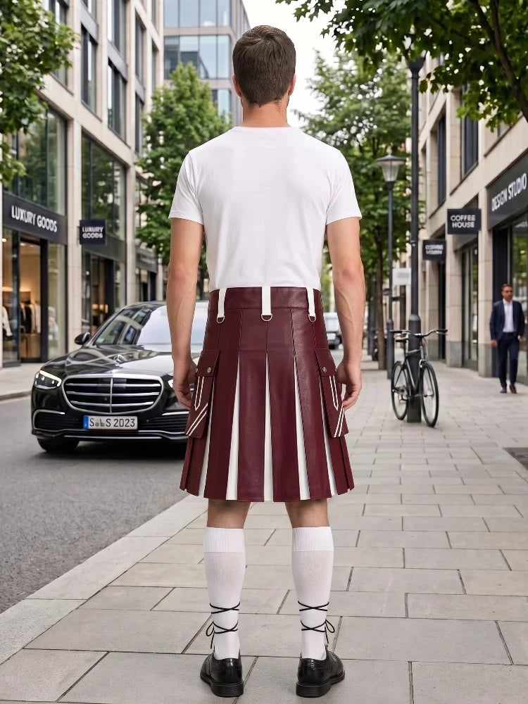 Burgundy and White Leather Hybrid Utility Kilt