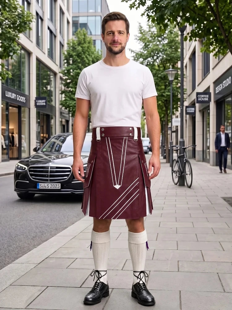 Burgundy and White Leather Hybrid Utility Kilt
