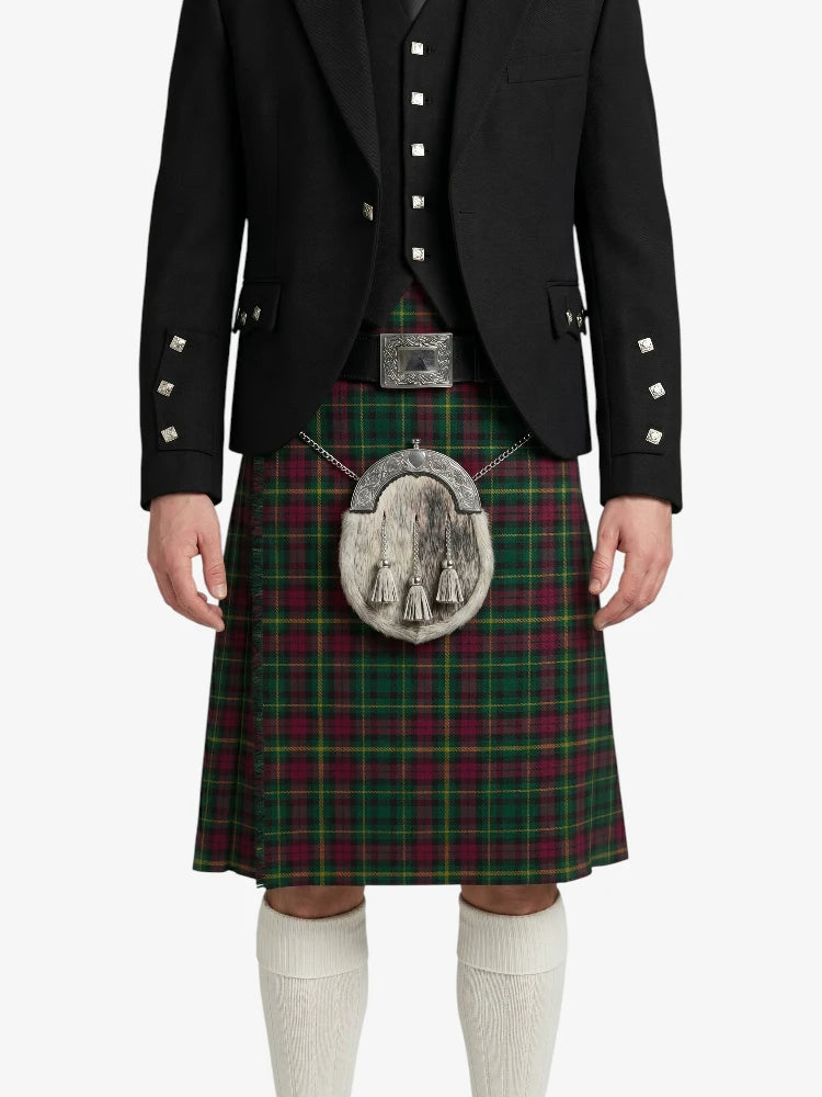 Person wearing a traditional Scottish kilt with a tartan pattern on a white background