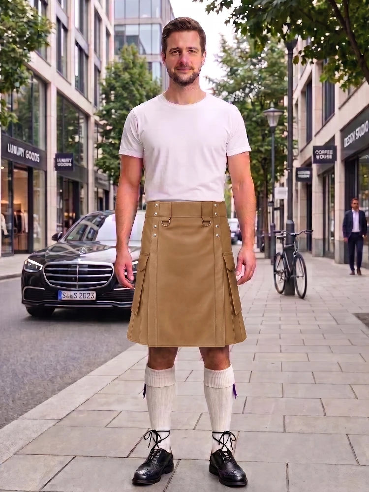 Camel Leather Kilt For Men Tactical Utility Kilts