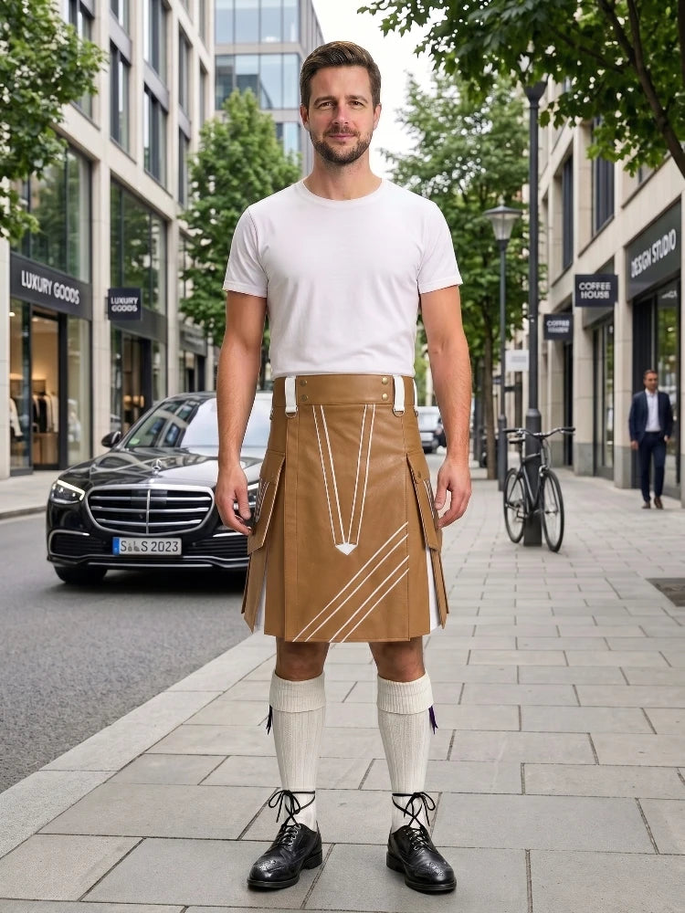 Camel And White Leather Hybrid Utility Kilt