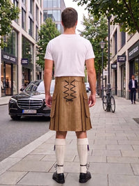 A man viewed from behind wearing a tan pleated kilt with black lace-up detailing at the back, a white t-shirt, white knee-high socks, and black shoes, standing on a city sidewalk.