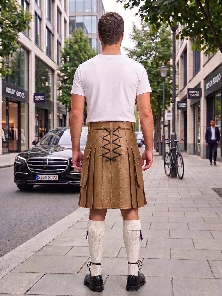 Camel Cow Leather Utility Kilts for Men