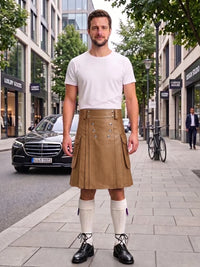 A man stands on a city sidewalk wearing a tan leather kilt with silver-toned metal studs and grommets, paired with a white t-shirt, white knee-high socks, and black leather shoes. A black Mercedes-Benz car and urban buildings are visible in the background.