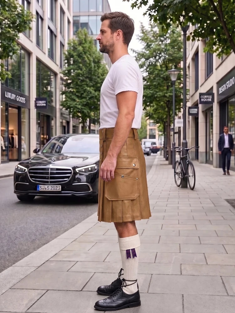 A man standing on a city sidewalk wearing a tan leather kilt, white t-shirt, white socks, and black shoes, with a Mercedes-Benz and city buildings in the background.