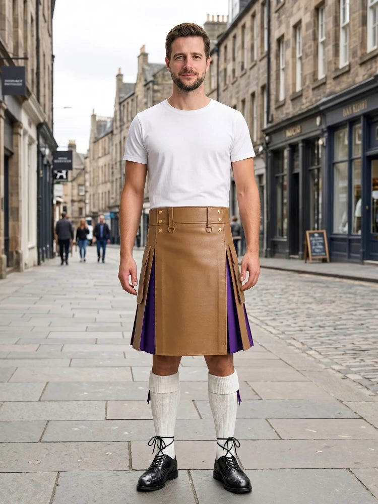 Camel Leather Kilt With Purple Pleats