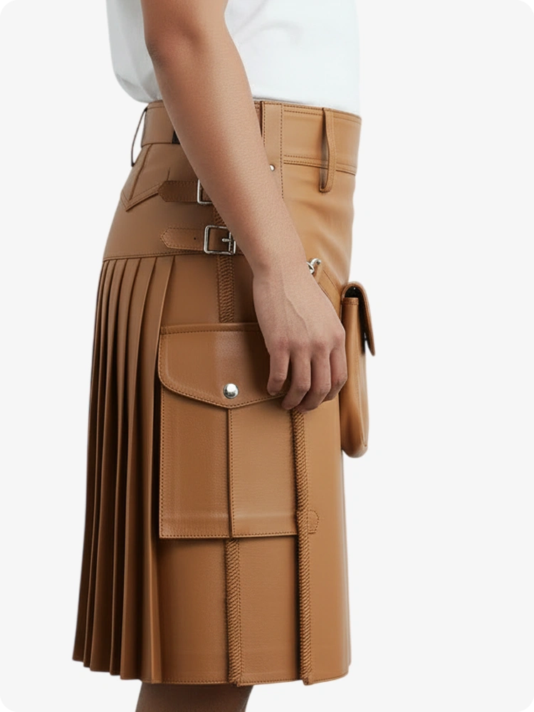 Camel Leather Pleated Kilt with Belt Loops & Side Straps