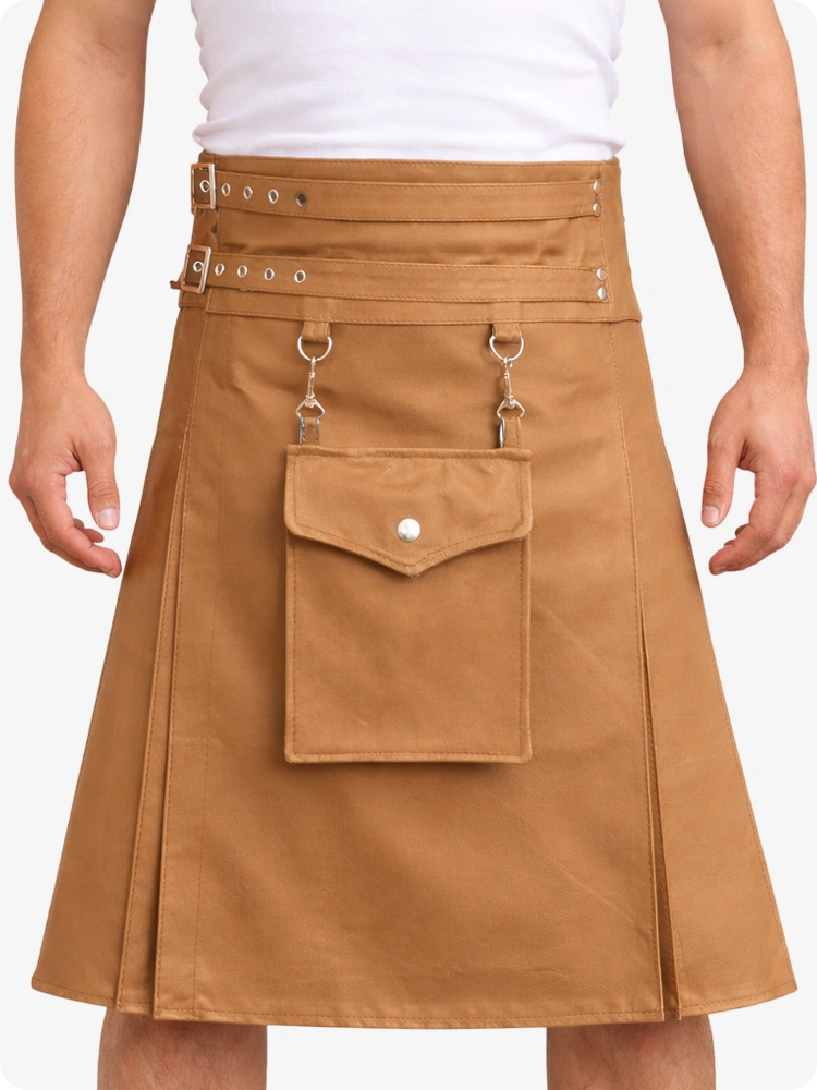 Camel Leather Utility Kilt with Front Pocket & Adjustable Buckle Straps
