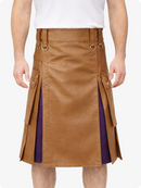Camel leather kilt with purple accents worn by a person on a white background