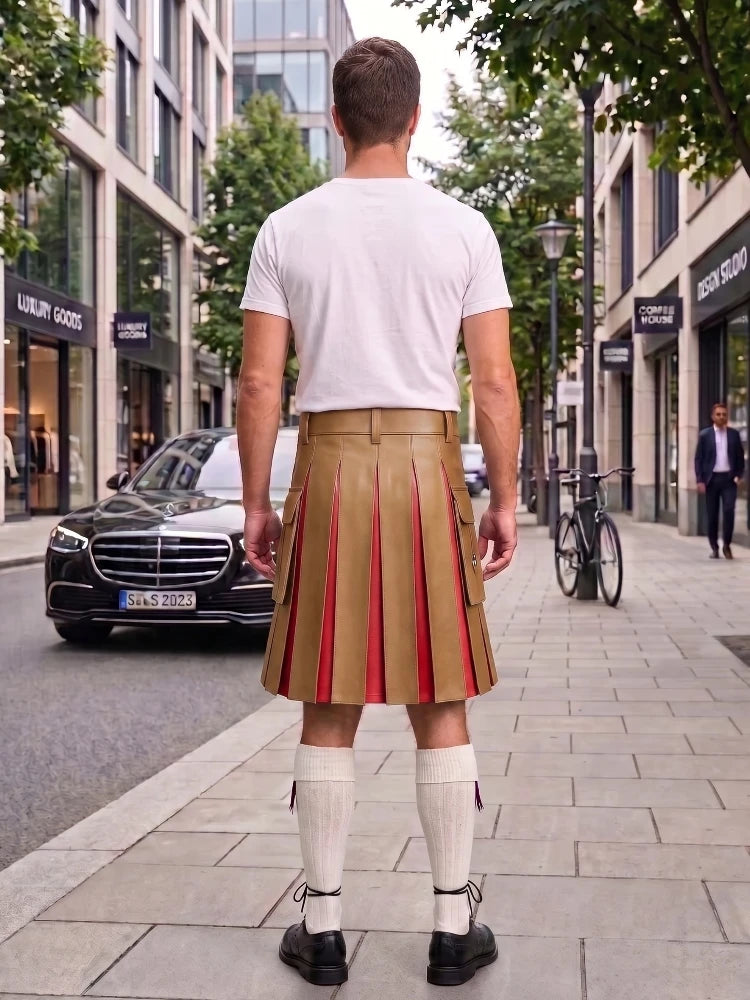 Camel With Red Cowhide Leather Hybrid Utility Kilt
