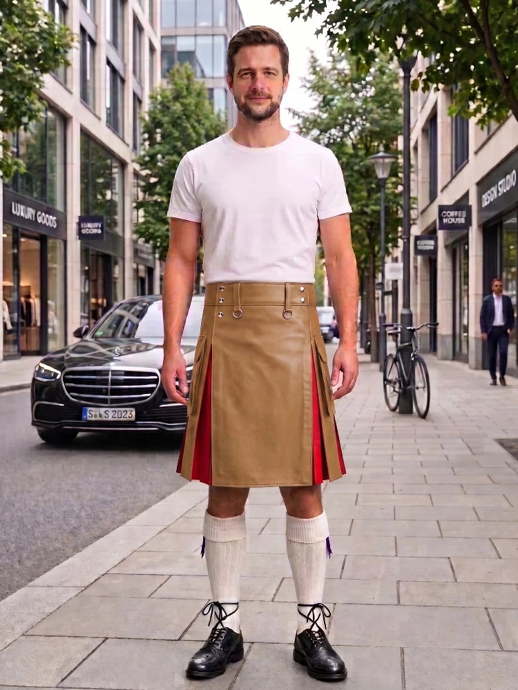 Camel With Red Cowhide Leather Hybrid Utility Kilt