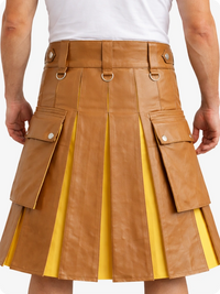 Brown leather skirt with yellow lining worn by a person on a white background