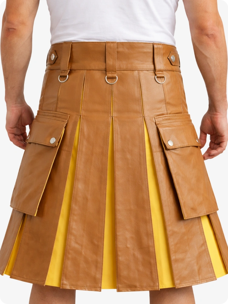 Brown leather skirt with yellow lining worn by a person on a white background