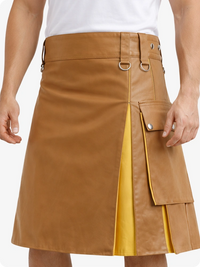 Brown leather skirt with yellow lining worn by a person on a white background