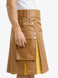Brown kilt with yellow accents worn by a person on a white background
