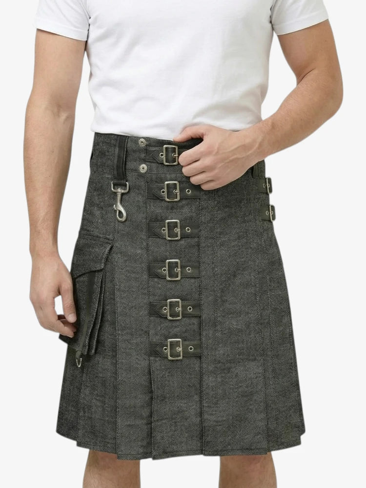 Charcoal Denim Kilt with Adjustable Buckle