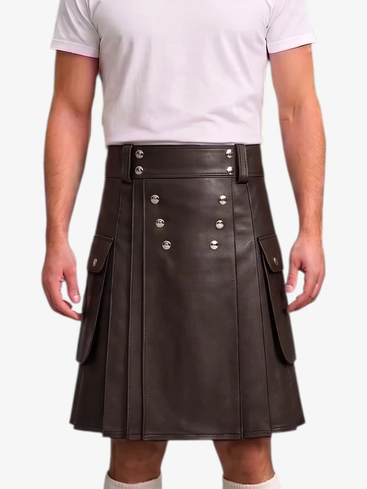 A dark brown faux-leather kilt with silver-tone metal buttons and flap pockets, worn by a model in a white t-shirt against a light gray background.