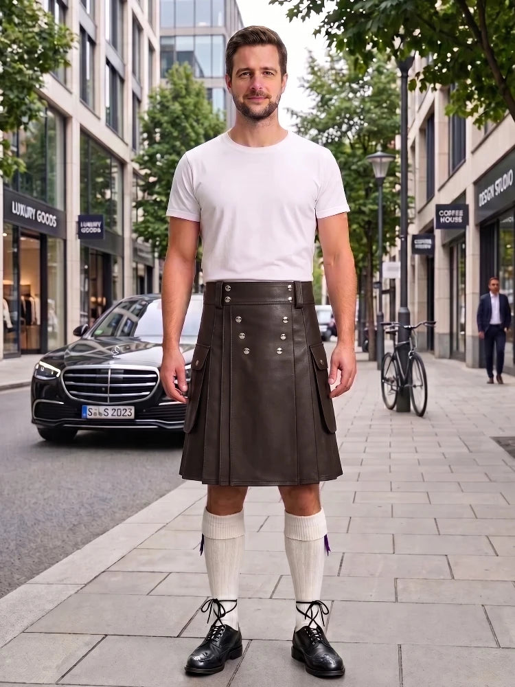 Chocolate Brown Cow Leather Utility Kilts for Men