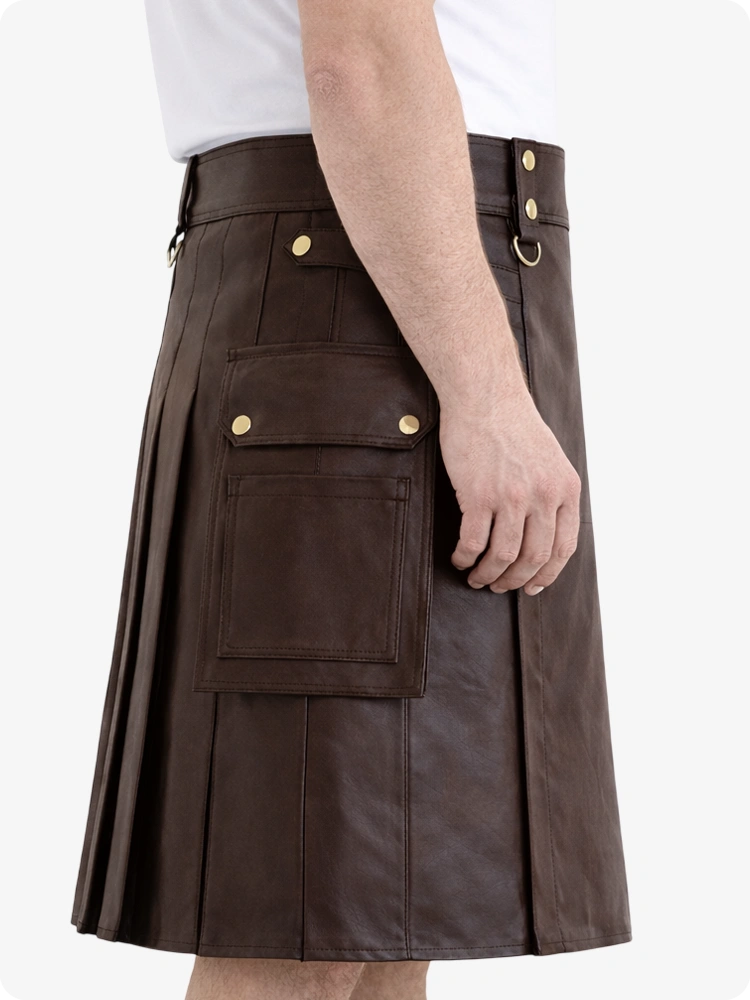 Chocolate Brown Genuine Leather Utility Kilt with Cargo Pockets & D-Rings