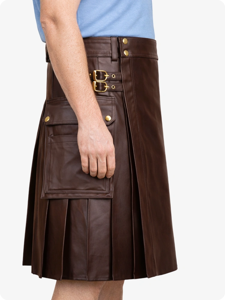 Chocolate Brown Genuine Leather Utility Kilt with Side Pockets