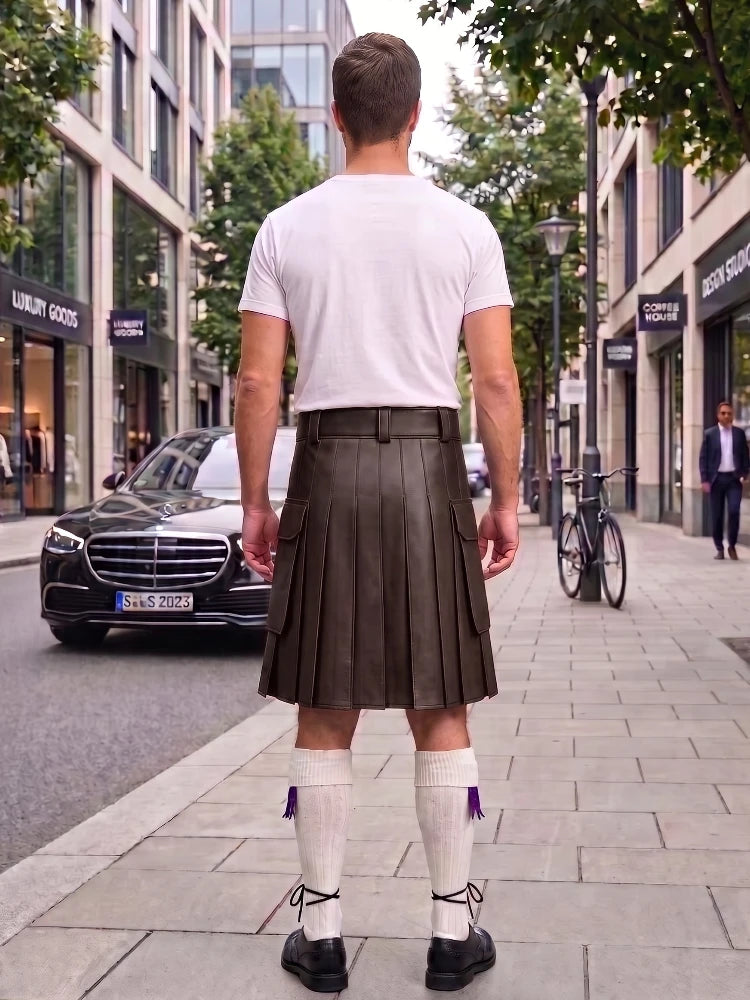 A man standing on a city sidewalk, viewed from behind, wearing a white t-shirt and a dark brown pleated leather kilt with white knee-high socks and black shoes.