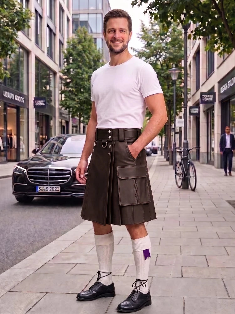 A man standing on a city sidewalk wearing a brown pleated kilt with utility pockets, a white t-shirt, white knee-high socks, and black shoes. A Mercedes-Benz car and urban buildings are visible in the background.