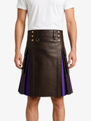 Chocolate Brown Leather Kilt With Purple Pleats