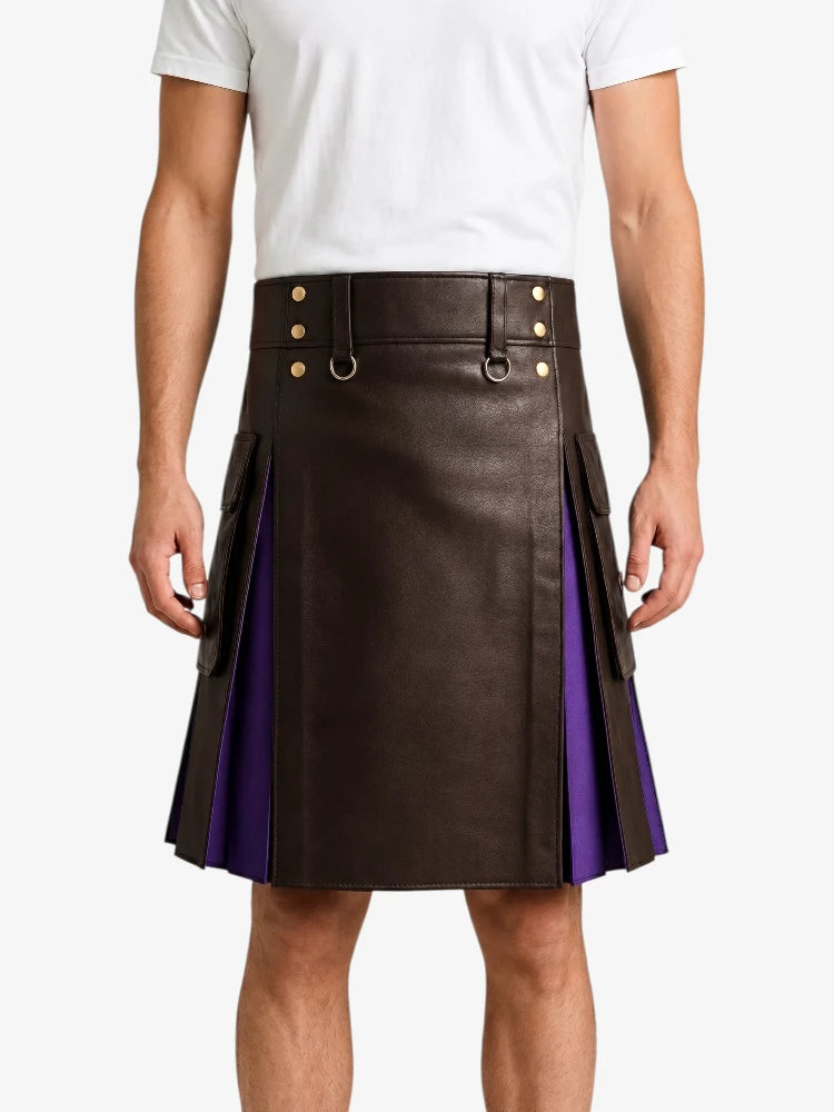 Chocolate Brown Leather Kilt With Purple Pleats