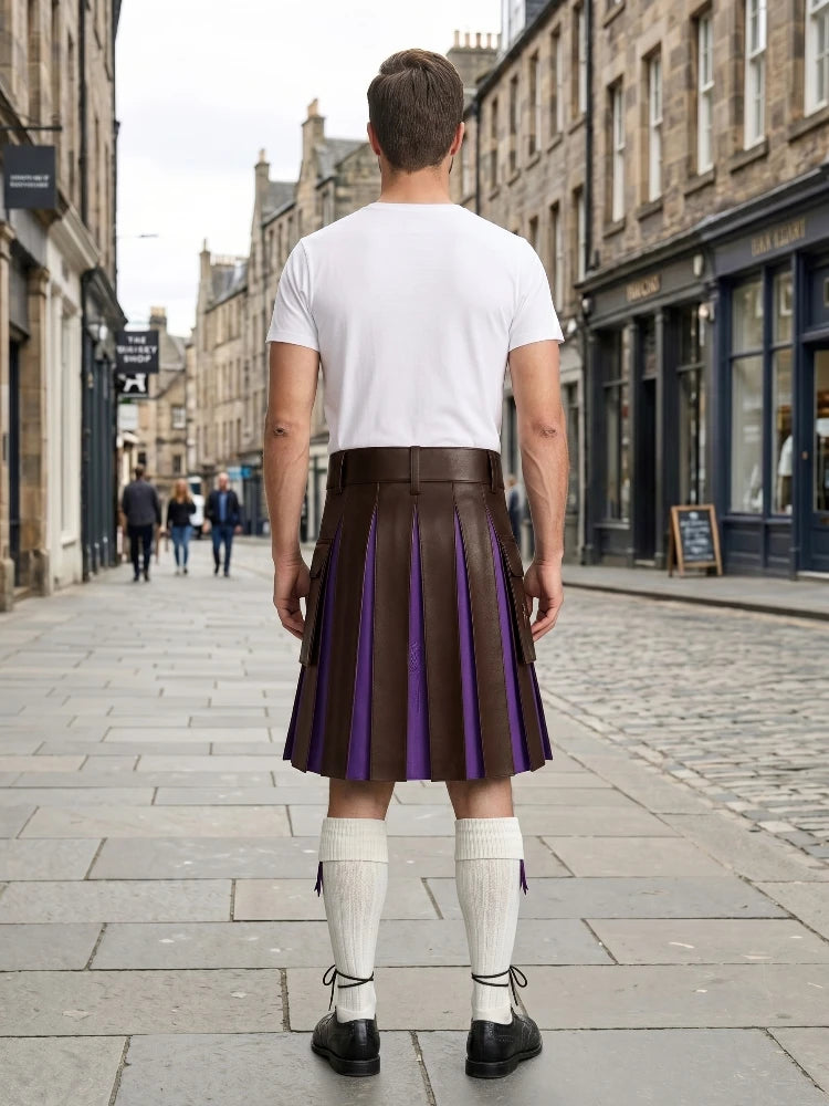 Chocolate Brown Leather Kilt With Purple Pleats
