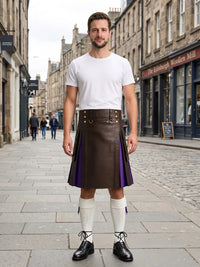 Chocolate Leather Kilt With Purple Pleats 