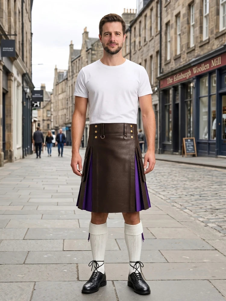 Chocolate Brown Leather Kilt With Purple Pleats