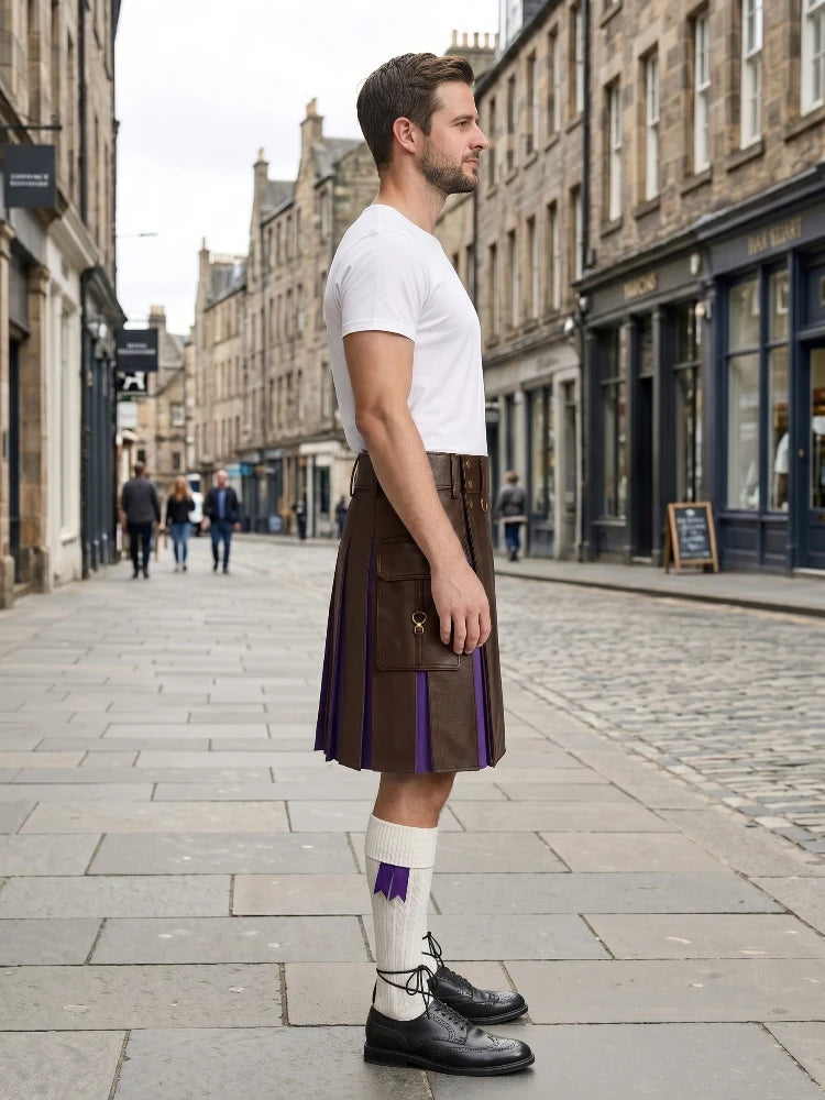 Chocolate Leather Kilt With Purple Pleats Right