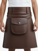 Chocolate Brown leather skirt with a front pocket on a white background