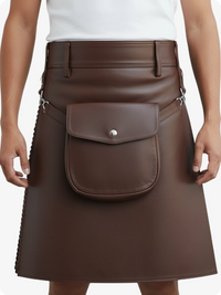 Chocolate Brown leather skirt with a front pocket on a white background