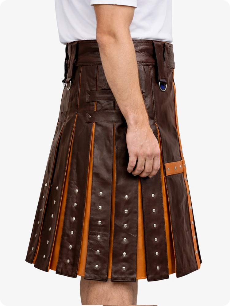Chocolate Brown Leather Utility Kilt with Brown Cross Panel & Metal Rivet Detailing
