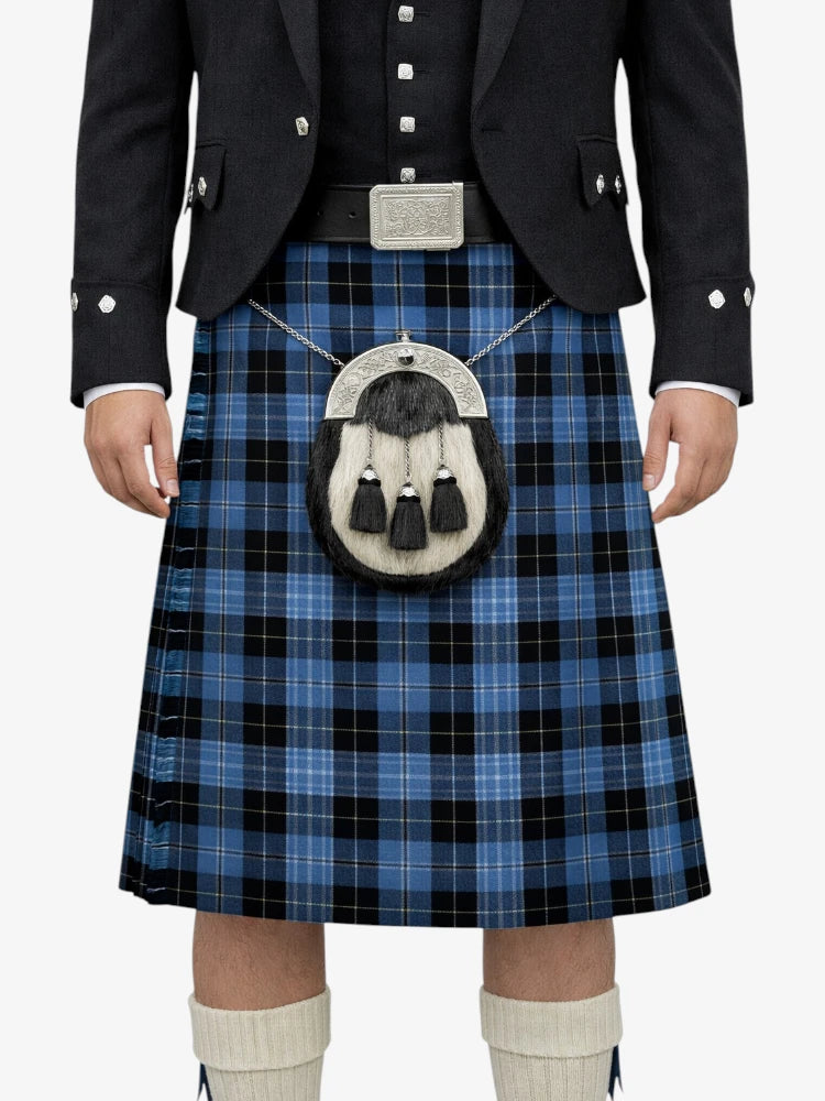 Person wearing a blue plaid kilt with a sporran on a white background