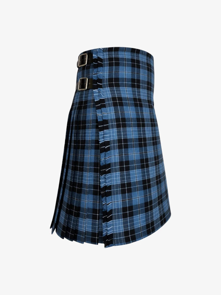 Blue and black plaid kilt on a white background