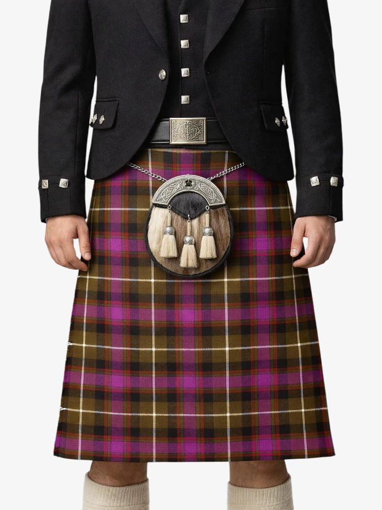 Person wearing a tartan kilt with a sporran on a white background