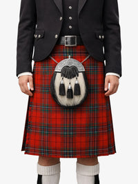 Person wearing a red tartan kilt with a black jacket and white socks on a white background