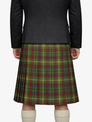 Person wearing a dark gray jacket and a plaid kilt on a white background