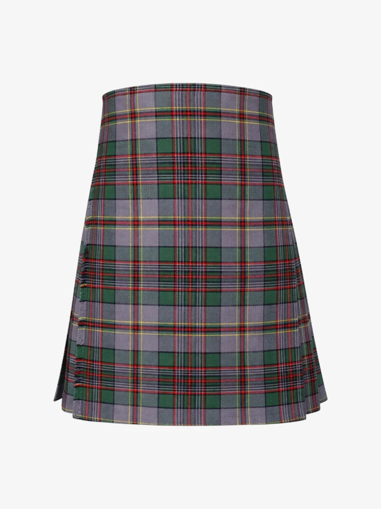 Plaid kilt with green, red, and gray pattern on a white background